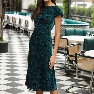 NEW Shoshanna Marla Teal Velvet Burnout Floral Fitted A-Line Midi Dress Size 2